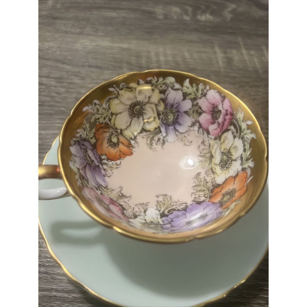 VTG Paragon Anemones Poppies on Gold Pink Background Tea Cup & Saucer Blue Rare! - Picture 6 of 16